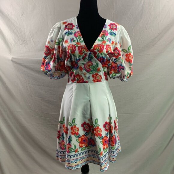 Boho Floral Print Puff Sleeve Dress Without Belt - Picture 5 of 5